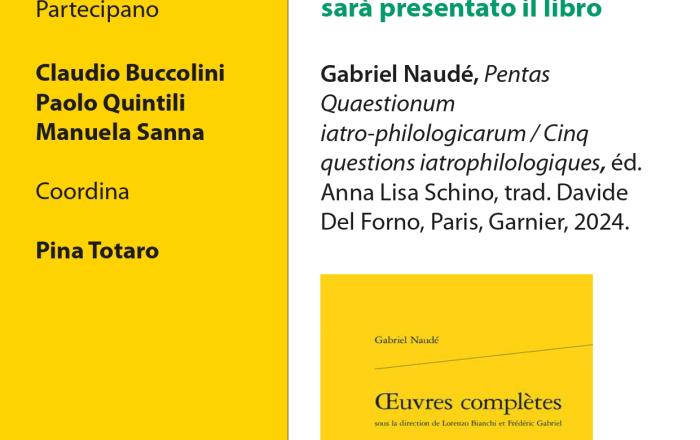Presentazione del libro: Gabriel Naudé, Pentas Quaestionum iatro-philologicarum / Cinq questions ia trophilologiques